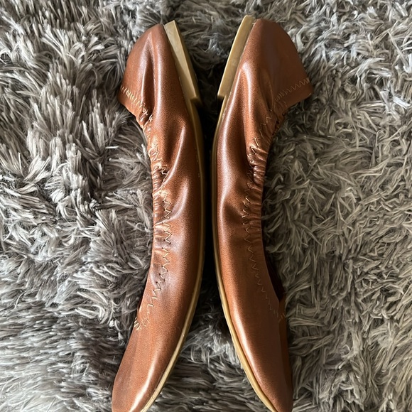 Brown ballet flats 9 faux leather stretch to fit memory foam sole casual chic FG - Picture 5 of 9